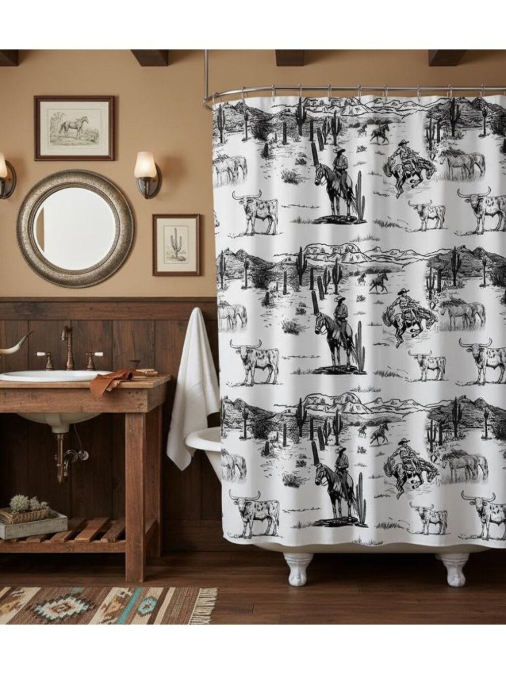 Western Cowboy Shower Curtain, Vintage Southwest Style Bathroom Curtain - Desert
